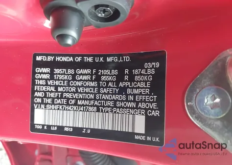 2019 Honda Civic Sport from USA, damaged, VIN SHHFK7H42KU417868